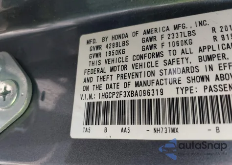 2011 Honda Accord 2.4 Lx from USA, damaged, VIN 1HGCP2F3XBA096319